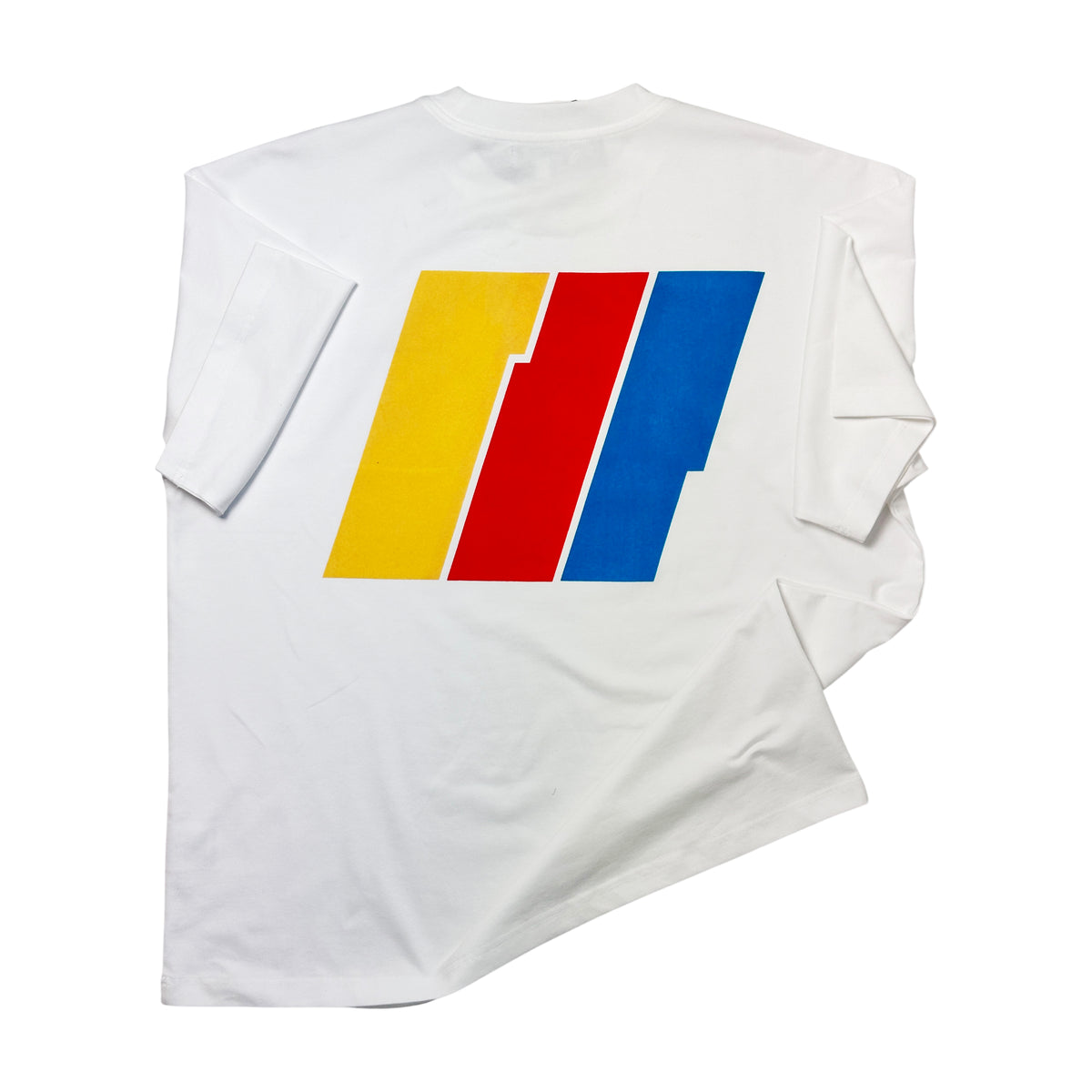 A white t-shirt with a large graphic print on the back featuring three diagonal stripes in yellow, red, and blue.
